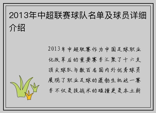 2013年中超联赛球队名单及球员详细介绍